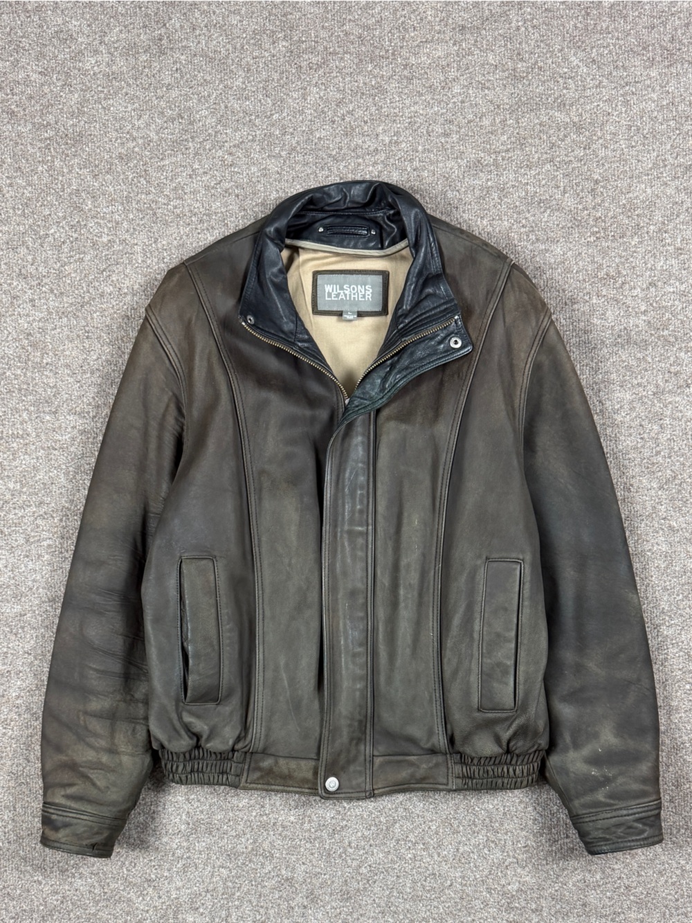Vintage Wilsons Brown Leather Full Zip Bomber Jacket Men's Large Contrast Collar - Picture 2 of 16